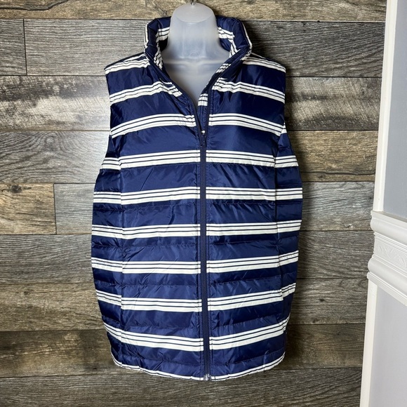 Lands End Women’s Size 2XL Down Puffer Vest Blue White Striped 20W-22W Plus NWT - Picture 1 of 10